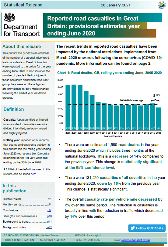 Reported road casualties in Great Britain: provisional estimates year ending June 2020